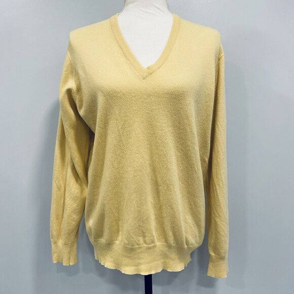 VTG 70s BALLANTYNE Wmn L 100% Cashmere Yellow V-Neck Pullover Sweater Scotland* - Picture 1 of 16